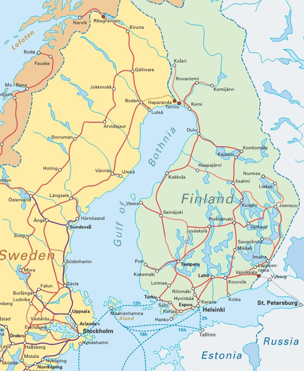 Фінляндія на поїзді на карті